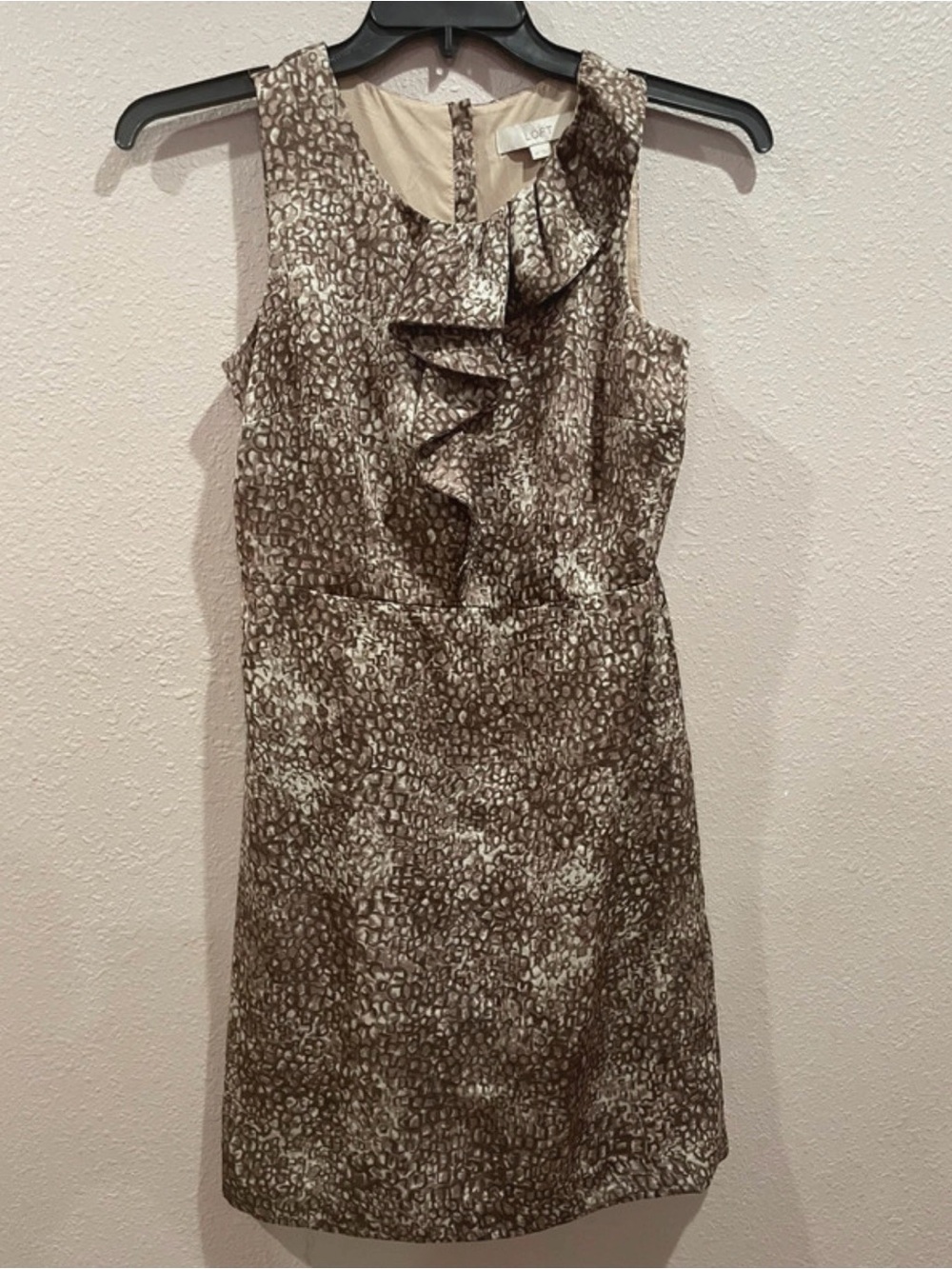 LOFT Brown Printed Ruffle Sheath Dress